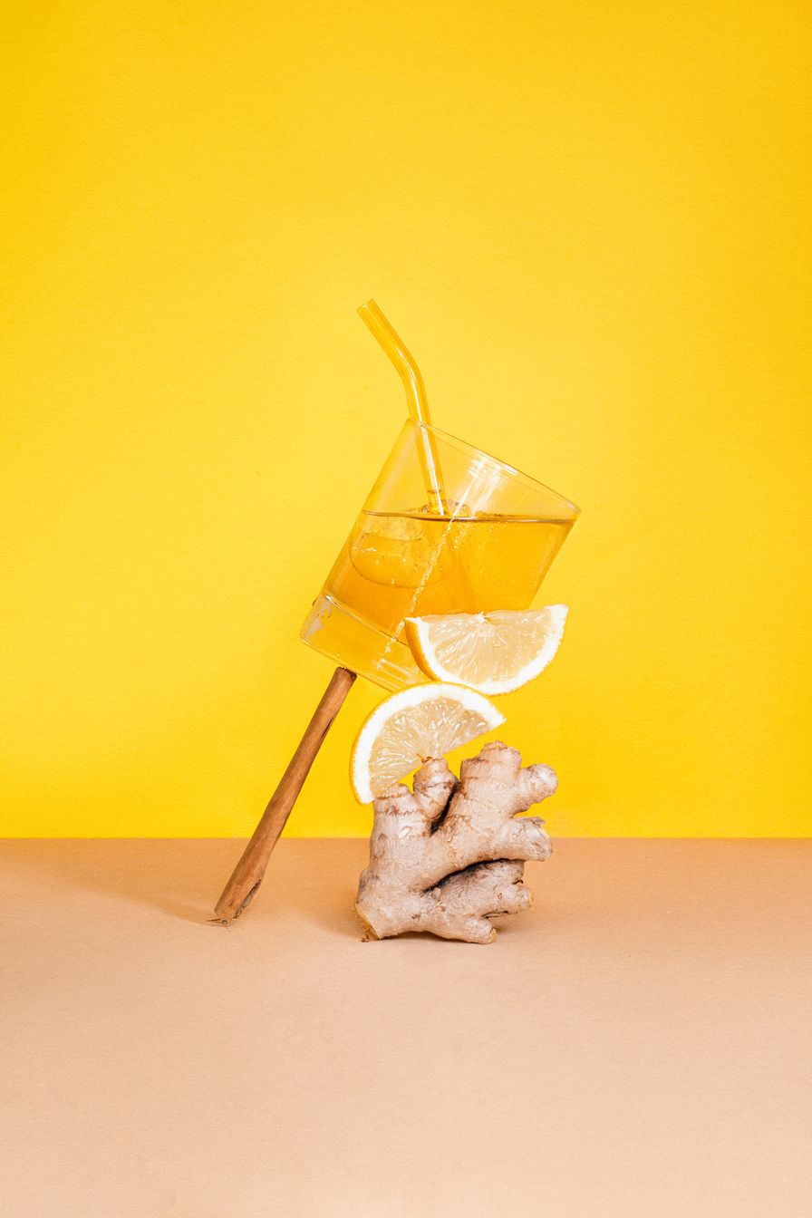 Iced Herbal Tea on Yellow Background